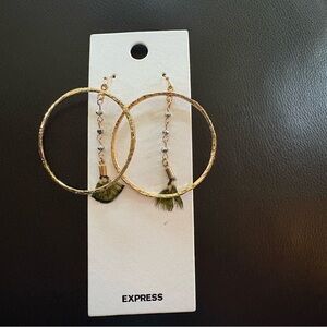 Express Gold Hoops with Green Feather Accent